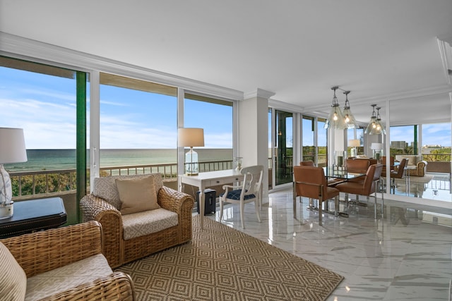 sunroom / solarium with marble finish floor, floor to ceiling windows, a water view, and ornamental molding