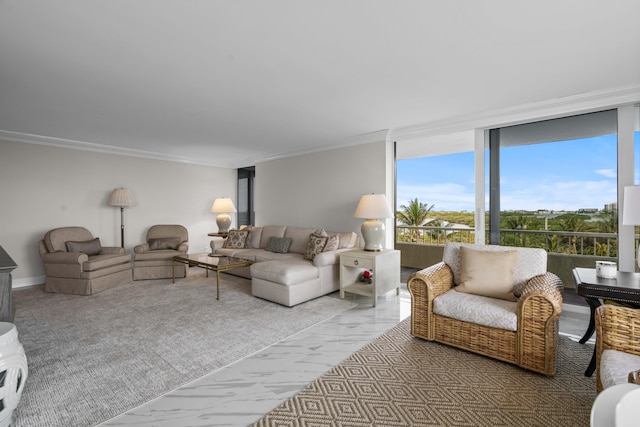 living room with crown molding, marble finish floor, and floor to ceiling windows