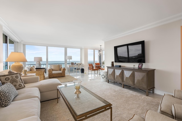 living area with crown molding, plenty of natural light, and a wall of windows
