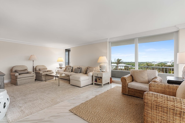 living area featuring ornamental molding and expansive windows