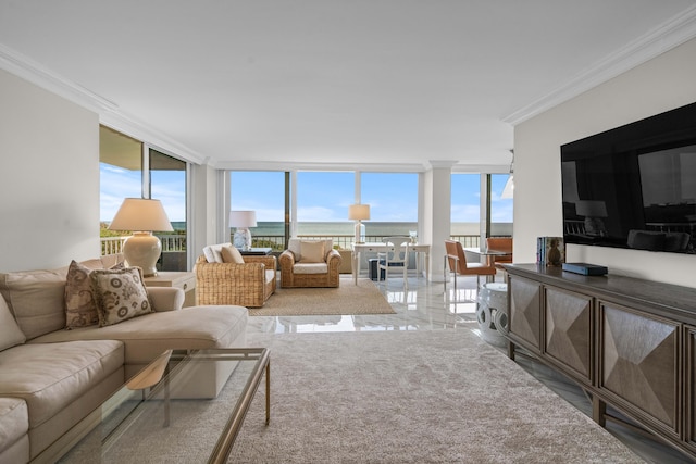 living area featuring a wall of windows and ornamental molding