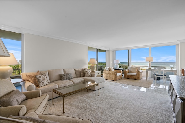 living area with a healthy amount of sunlight, a water view, and expansive windows