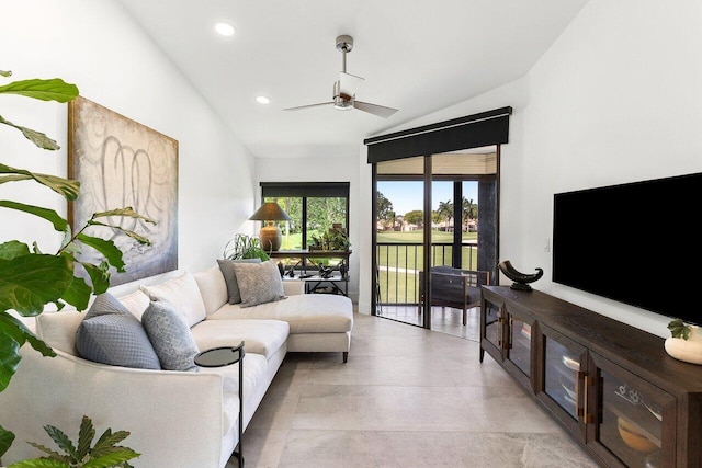 15702 Loch Maree Ln Unit 5804, Delray Beach, FL 33446 - living room with lofted ceiling, ceiling fan, and recessed lighting