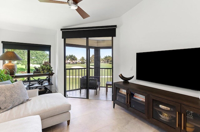 15702 Loch Maree Ln Unit 5804, Delray Beach, FL 33446 - living room featuring vaulted ceiling and a ceiling fan