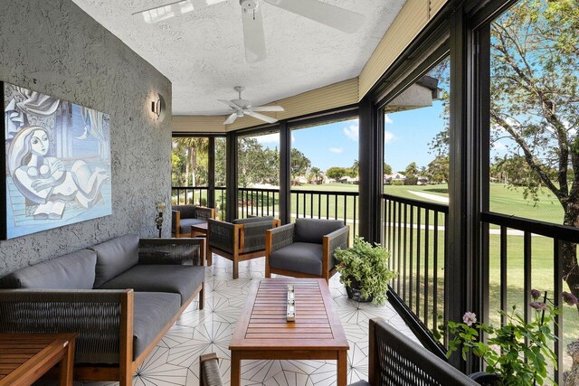 15702 Loch Maree Ln Unit 5804, Delray Beach, FL 33446 - sunroom / solarium featuring ceiling fan, outdoor lounge area, and golf course view
