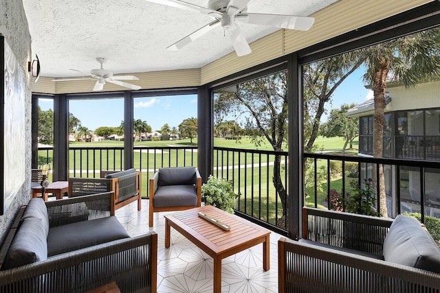 15702 Loch Maree Ln Unit 5804, Delray Beach, FL 33446 - sunroom / solarium featuring ceiling fan, view of golf course, and outdoor lounge area