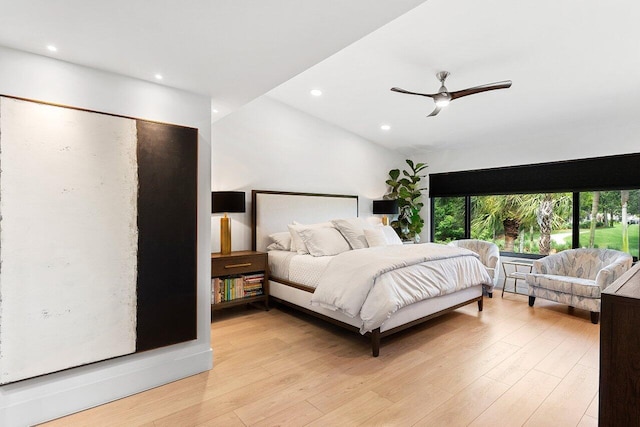 15702 Loch Maree Ln Unit 5804, Delray Beach, FL 33446 - bedroom featuring light wood-style flooring, recessed lighting, a ceiling fan, and lofted ceiling