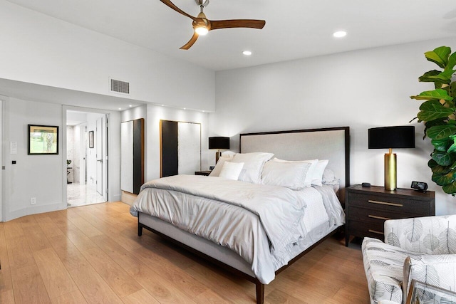 15702 Loch Maree Ln Unit 5804, Delray Beach, FL 33446 - bedroom with wood finished floors, recessed lighting, ensuite bath, and ceiling fan