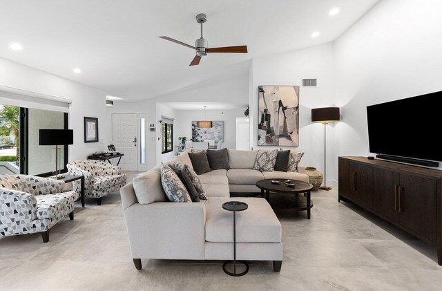 15702 Loch Maree Ln Unit 5804, Delray Beach, FL 33446 - living room featuring ceiling fan, recessed lighting, concrete flooring, and high vaulted ceiling