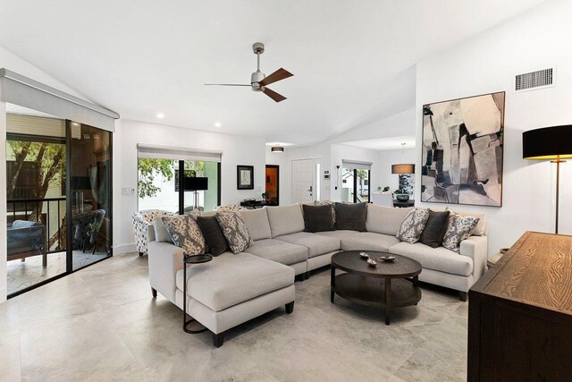15702 Loch Maree Ln Unit 5804, Delray Beach, FL 33446 - living room featuring vaulted ceiling, a ceiling fan, and recessed lighting