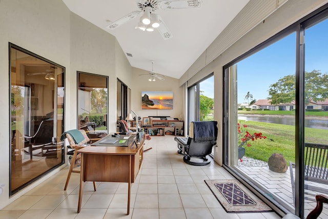 office area with a ceiling fan, light tile patterned floors, and high vaulted ceiling
