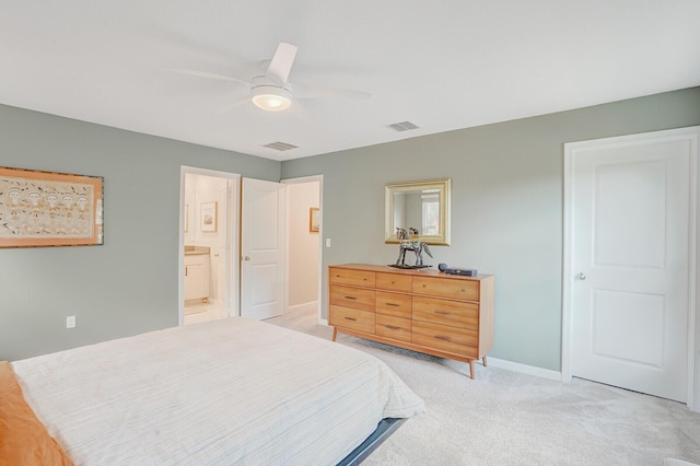 bedroom with visible vents, a ceiling fan, baseboards, and light colored carpet