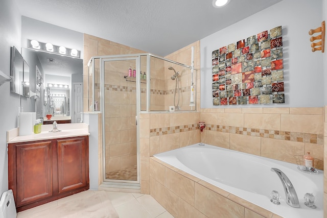full bathroom with a baseboard radiator, tile patterned flooring, a shower stall, and a bath