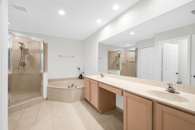21256 Via Fiore, Boca Raton, FL 33433 - full bath with a shower stall, a bath, double vanity, tile patterned flooring, and recessed lighting