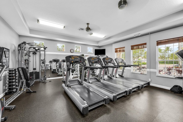 21256 Via Fiore, Boca Raton, FL 33433 - workout area featuring healthy amount of natural light, baseboards, and a raised ceiling