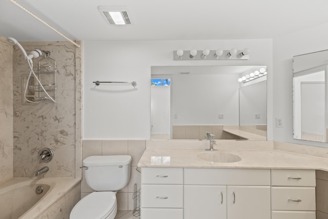 bathroom featuring vanity, shower / bathing tub combination, toilet, and visible vents