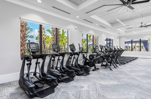 gym with carpet flooring, crown molding, ceiling fan, recessed lighting, and baseboards