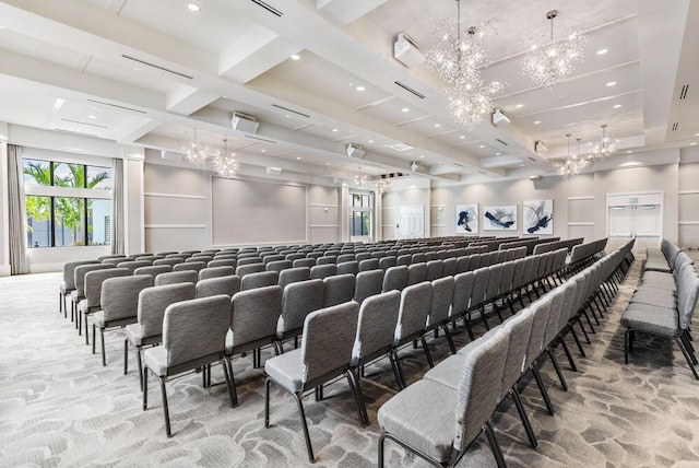 miscellaneous room featuring recessed lighting, beamed ceiling, an inviting chandelier, and coffered ceiling