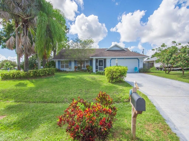 single story home featuring concrete driveway, an attached garage, and a front yard