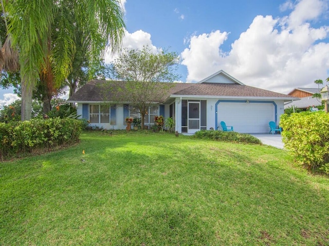 single story home with an attached garage, stucco siding, a front yard, and concrete driveway
