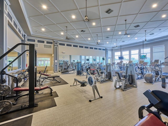 exercise room with visible vents, recessed lighting, and carpet flooring