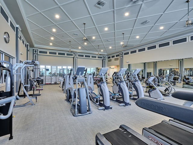 workout area featuring recessed lighting, visible vents, and carpet