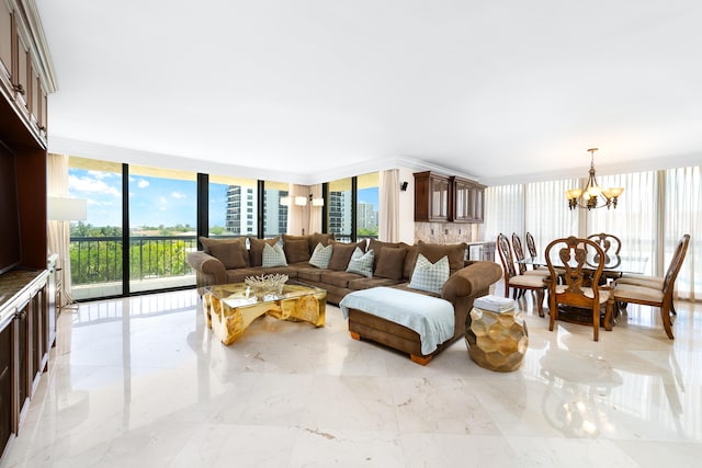 4740 S Ocean Blvd Unit 511, Highland Beach, FL 33487 - living area with expansive windows, marble finish floor, and a notable chandelier