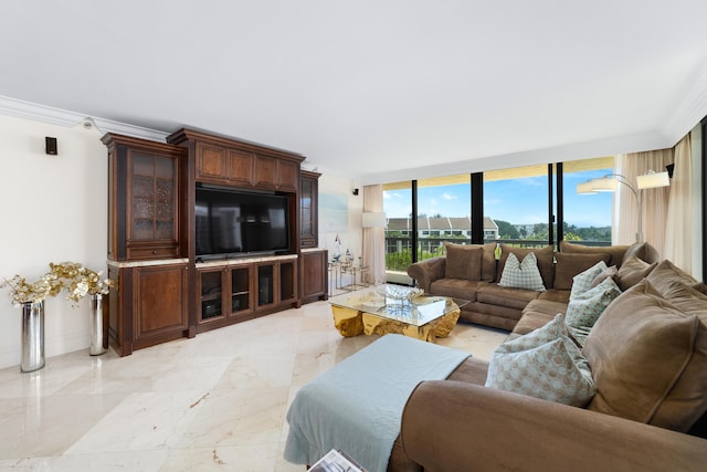 4740 S Ocean Blvd Unit 511, Highland Beach, FL 33487 - living area featuring expansive windows, ornamental molding, and marble finish floor