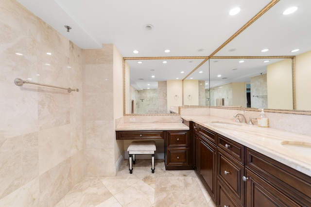 4740 S Ocean Blvd Unit 511, Highland Beach, FL 33487 - bathroom with double vanity, a sink, walk in shower, and recessed lighting