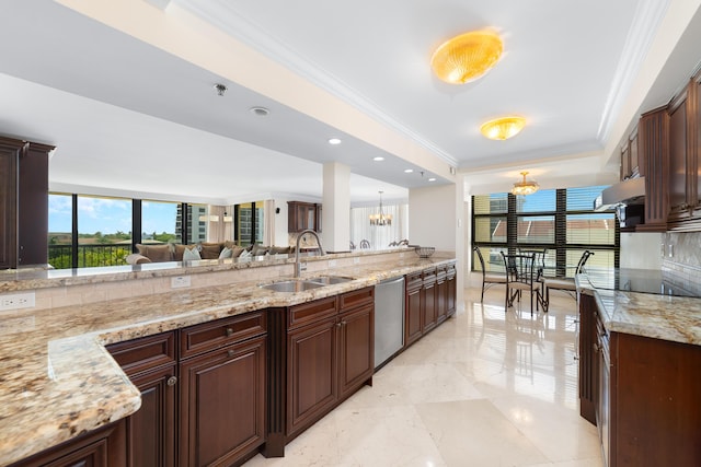 4740 S Ocean Blvd Unit 511, Highland Beach, FL 33487 - kitchen with crown molding, stainless steel dishwasher, a sink, black electric stovetop, and a notable chandelier
