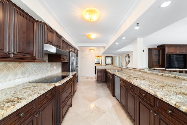 4740 S Ocean Blvd Unit 511, Highland Beach, FL 33487 - kitchen with crown molding, a sink, recessed lighting, under cabinet range hood, and stainless steel dishwasher
