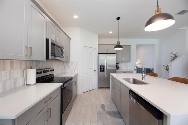 kitchen featuring a sink, gray cabinets, stainless steel appliances, decorative backsplash, and visible vents