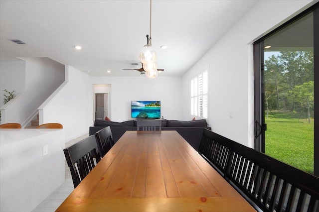 dining space with visible vents, recessed lighting, stairs, and a ceiling fan