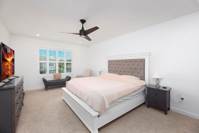 bedroom featuring baseboards, a ceiling fan, recessed lighting, and light carpet