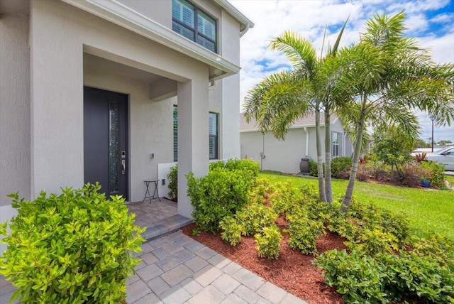 doorway to property featuring a lawn and stucco siding