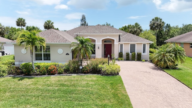 view of front of home featuring decorative driveway, roof with shingles, stucco siding, and a front yard