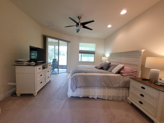 bedroom with access to outside, ceiling fan, light carpet, recessed lighting, and visible vents