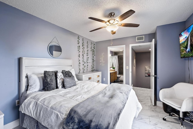 bedroom with visible vents, a textured ceiling, marble finish floor, and a ceiling fan