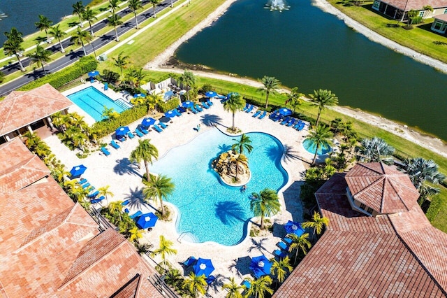 aerial view featuring a water view