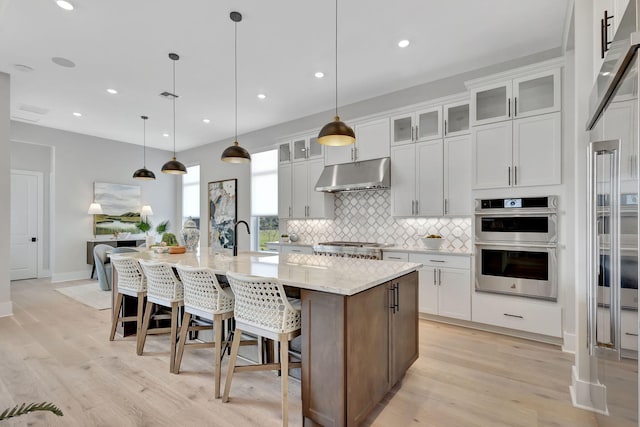 kitchen with light wood finished floors, white cabinetry, a large island with sink, tasteful backsplash, and under cabinet range hood