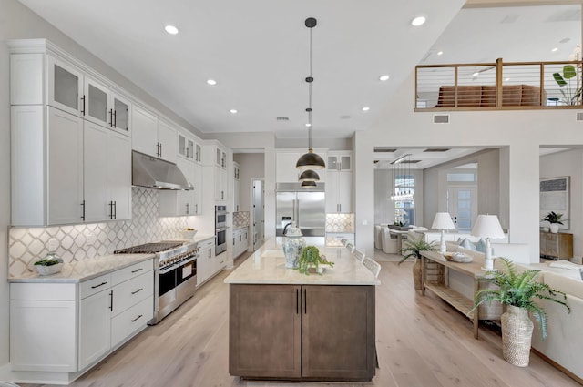 kitchen with light wood-style floors, high end appliances, under cabinet range hood, and tasteful backsplash