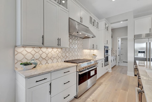 kitchen with white cabinetry, high end appliances, light wood-type flooring, tasteful backsplash, and under cabinet range hood