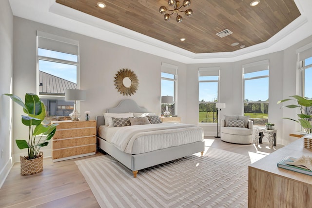 bedroom with visible vents, light wood-type flooring, wooden ceiling, a raised ceiling, and baseboards
