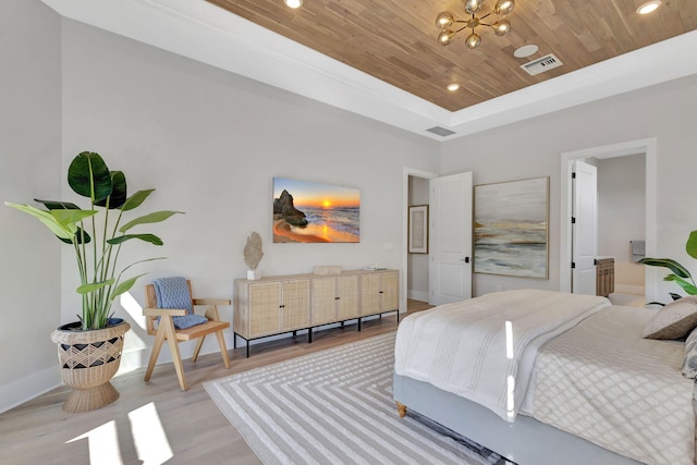 bedroom with visible vents, wooden ceiling, baseboards, a chandelier, and a tray ceiling
