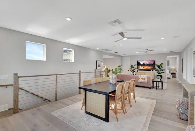 dining area with visible vents, recessed lighting, ceiling fan, and light wood-type flooring