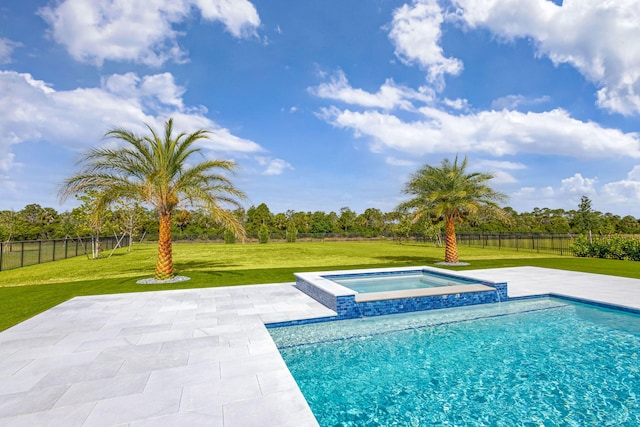 view of swimming pool featuring a patio area, fence, a yard, and a pool with connected hot tub