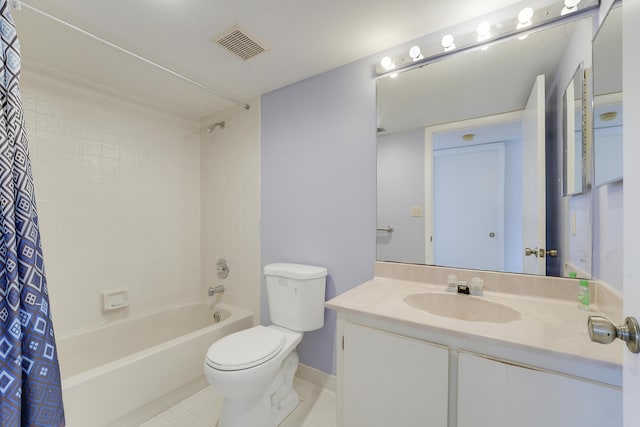 full bath featuring visible vents, vanity, toilet, tile patterned floors, and shower / bath combo