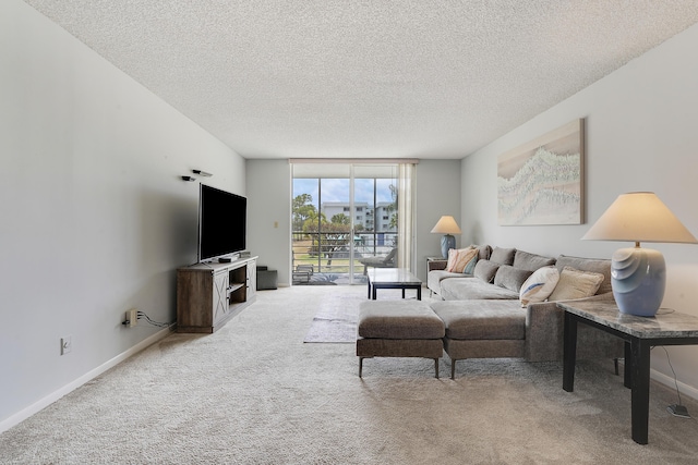 carpeted living area with a wall of windows, baseboards, and a textured ceiling