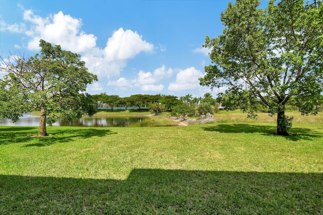 view of yard with a water view