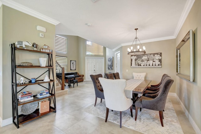 dining room with crown molding, stairway, baseboards, light tile patterned floors, and an inviting chandelier